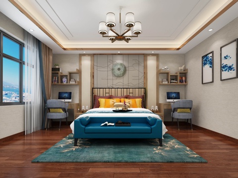  现代卧室 吊灯双人床 书桌椅 置物架 挂画  摆件3d模型 