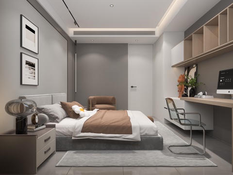  现代卧室床书桌椅3d模型 