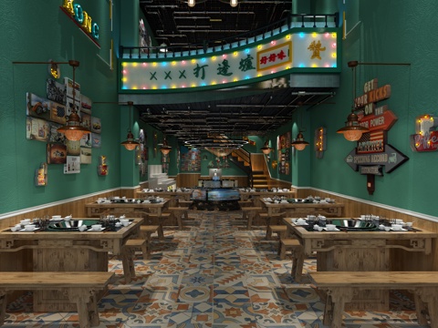  工业风火锅店3d模型 