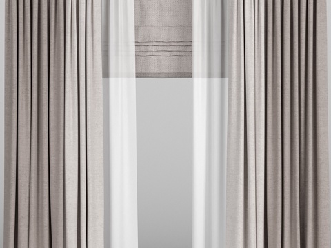  双色棕色窗帘配薄纱与罗马帘3d模型 