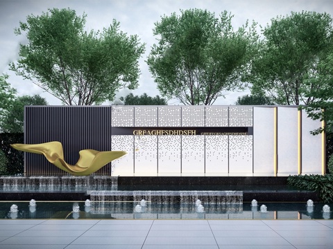 现代穿孔板景墙 造型水景景墙su模型