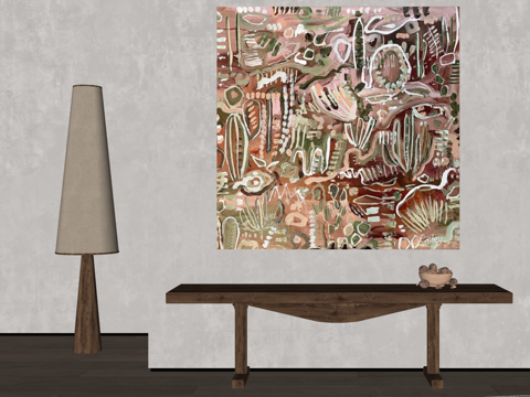  抽象自然主题艺术画与现代木质家具组合su模型 