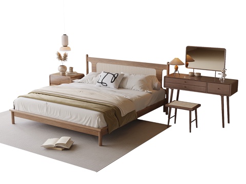 现代双人床 梳妆台 床头柜su模型