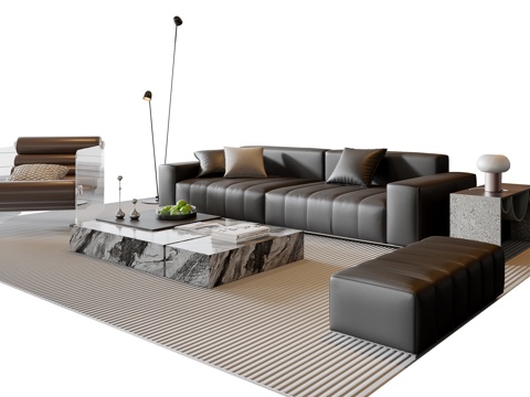现代意式沙发茶几组合 多人沙发 皮质沙发 休闲椅 地毯su模型