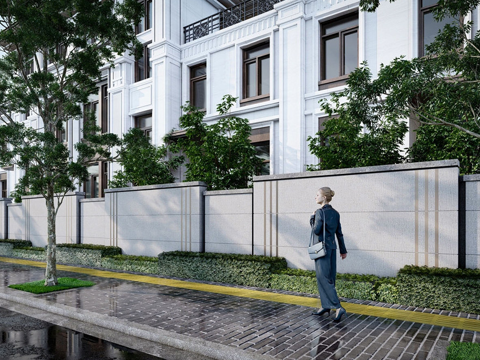 现代别墅建筑 联排别墅 景墙围墙su模型