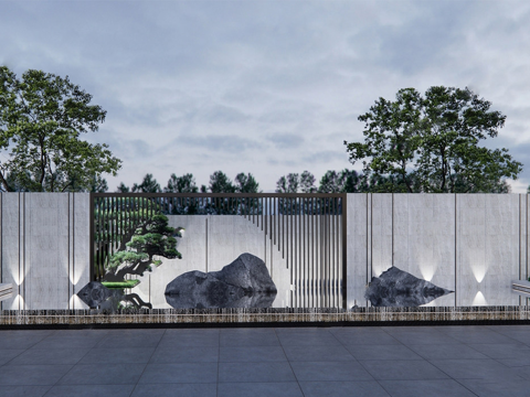 新中式景墙围墙 直线 入口景墙su模型