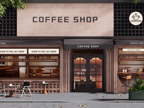  咖啡店门头 奶茶店 户外桌椅 折叠窗 侘寂门头 咖啡厅 店铺3d模型 