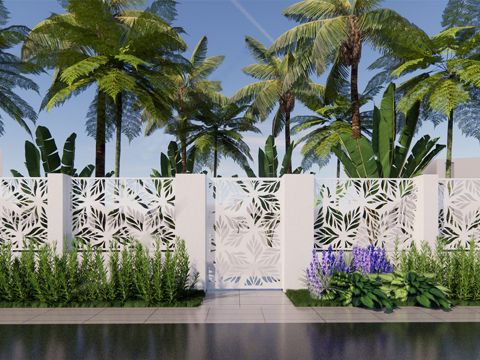 现代风格庭院围墙 铁艺镂空围墙su模型