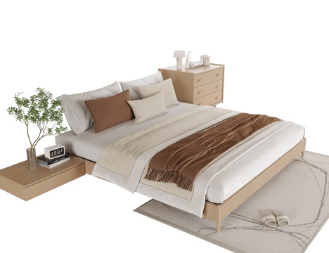  现代双人床 床头柜su模型 