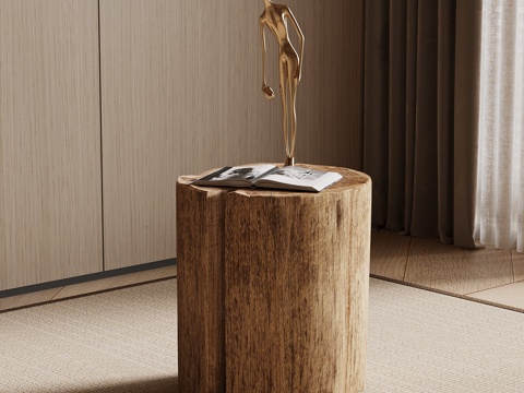  侘寂中古边几 木墩 木头su模型 