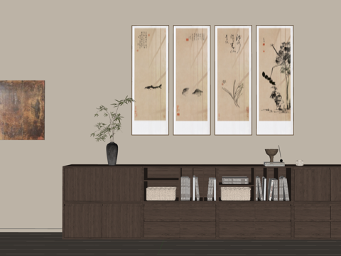 现代中式风格客厅储物柜与挂画组合3D模型su模型