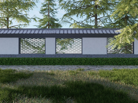 中式瓦片景墙 户外围墙su模型