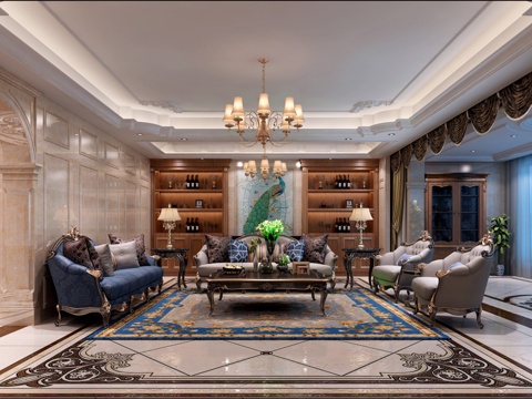  欧式客餐厅沙发书柜3d模型 