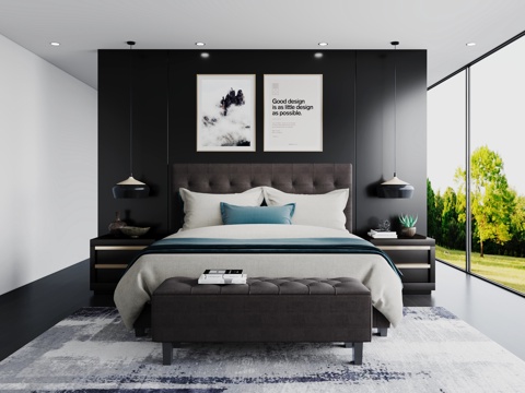  现代卧室 美式卧室 双人床 吊灯 床头柜  挂画 脚踏3d模型 