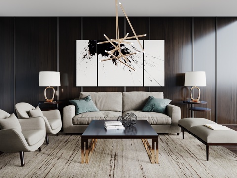  现代客厅 沙发 吊灯 挂画 边几 茶几 地毯 台灯 现代摆件3d模型 