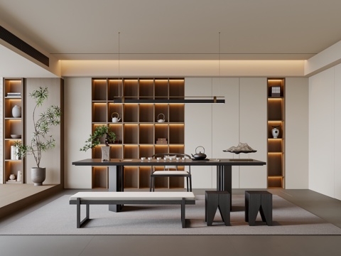 新中式茶室 茶桌椅 茶柜 吊灯 装饰柜 地毯su模型