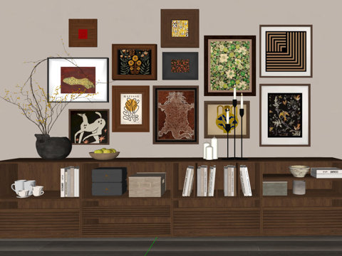 现代简约风格艺术墙与木质储物柜组合su模型