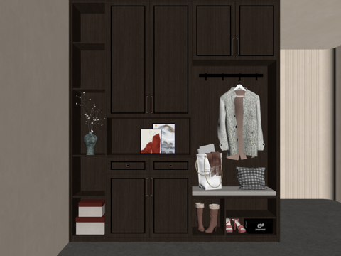 新中式鞋柜 入户实木玄关柜su模型