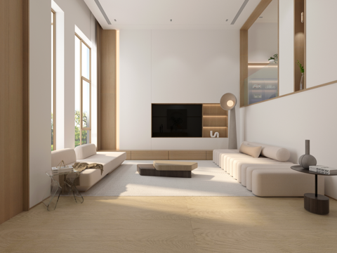  现代原木风客厅3d模型 