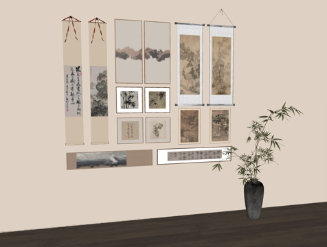  中式传统书画艺术墙装饰组合su模型 