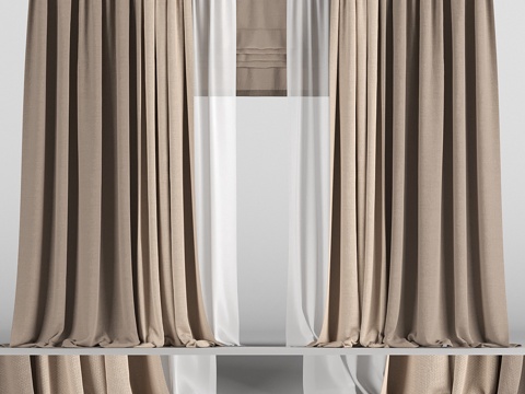  双色棕色窗帘配薄纱与罗马帘3d模型 