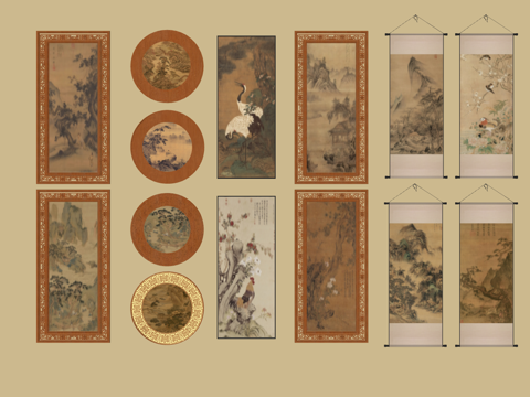 中式古典山水花鸟画合集su模型