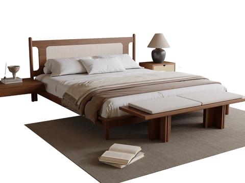  现代双人床 床尾凳 床头柜3d模型 