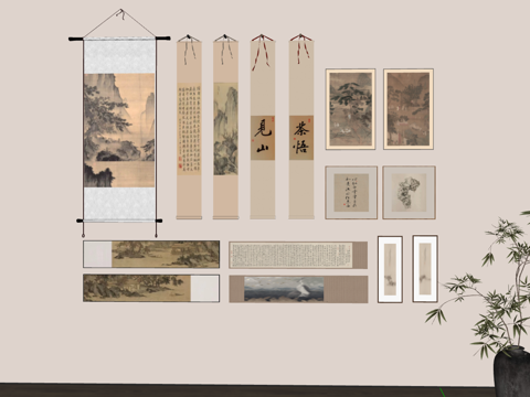  中式古典山水与书法卷轴艺术墙组合su模型su模型 