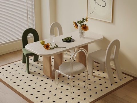 现代奶油风餐桌椅su模型