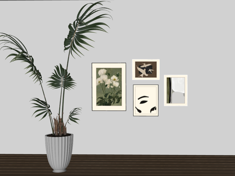 现代简约风格的室内绿植与艺术墙饰组合su模型