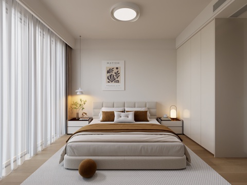  现代奶油风卧室su模型 