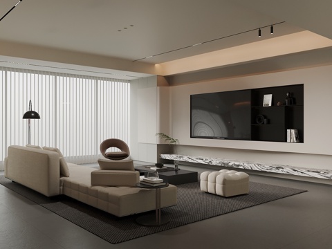  现代客厅 沙发茶几组合 电视背景墙su模型 