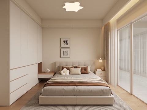  奶油卧室 三个卧室3d模型 