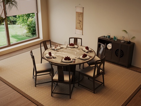 新中式茶桌椅 实木圆桌su模型