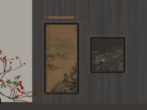 新中式风格山水挂画与古典建筑装饰组合su模型
