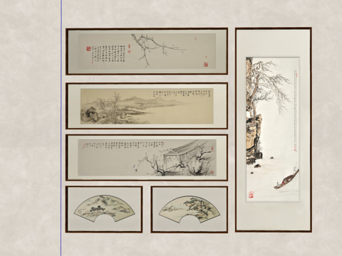 传统中式水墨山水与梅花主题画作合集su模型