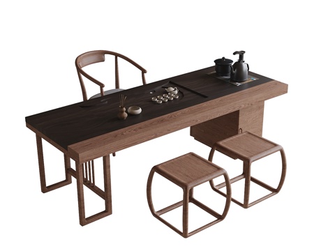 现代茶桌椅 茶桌 茶具摆件su模型