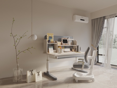  现代儿童学习桌椅 升降桌椅 学生桌 书桌椅 学习文具3d模型 