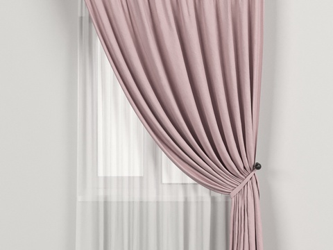  背景中粉色窄幅窗帘配薄纱3d模型 