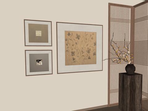 传统挂画与屏风的艺术陈列su模型