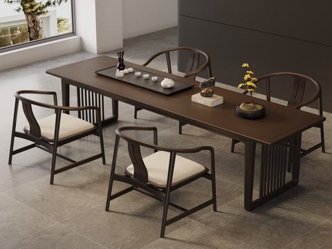 新中式茶桌椅su模型