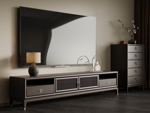  新中式电视柜 矮柜su模型 