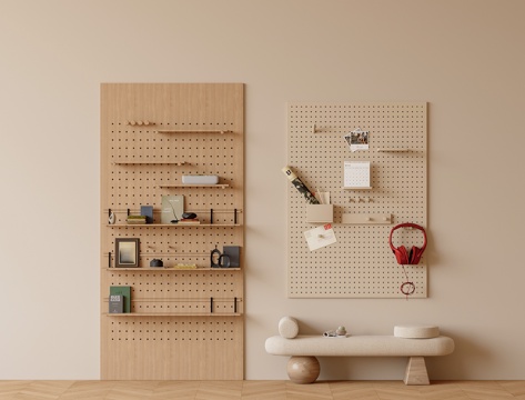 奶油原木风门厅洞洞板换鞋凳su模型