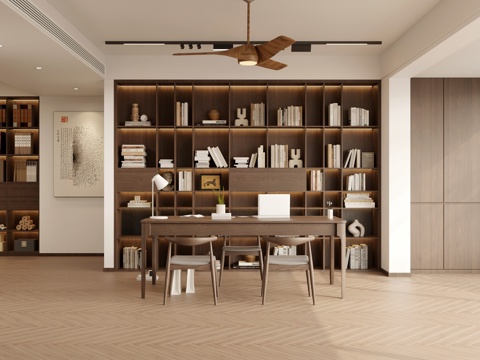  新中式客餐厅 玄关 楼梯 榻榻米 书柜3d模型 
