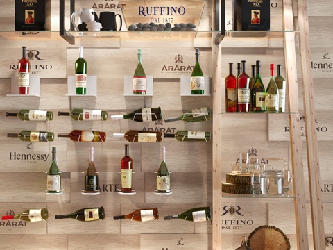  餐厅陈列柜展示珍藏葡萄酒。红酒3d模型 