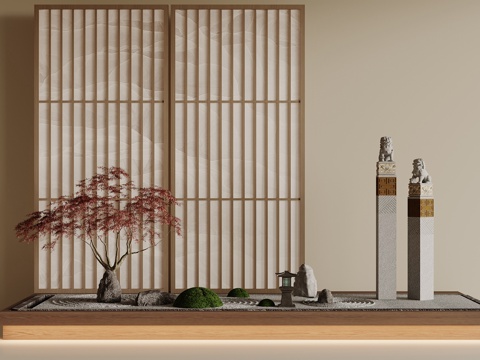  新中式景观小品 绿植景观 红枫树 拴马柱3d模型 