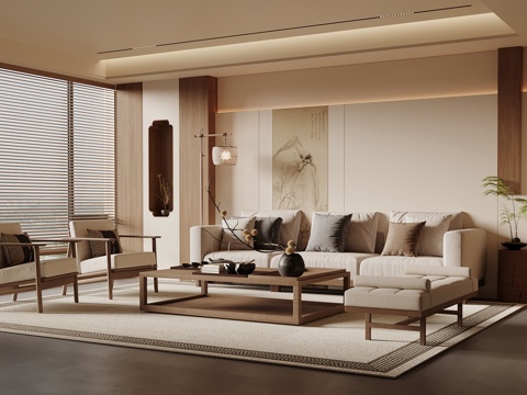 宋式禅意客厅 沙发背景墙 禅意沙发组合 圆形茶几su模型