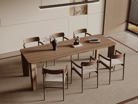 新中式餐桌椅组合 木制餐桌 木制餐椅 长形餐桌su模型