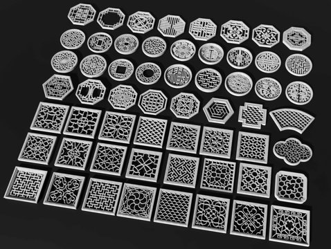 新中式镂花窗 仿古漏窗 窗花 花格窗 窗户 镂空窗格su模型