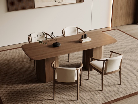 新中式餐桌椅组合 木制餐桌 木制餐椅 长形餐桌su模型